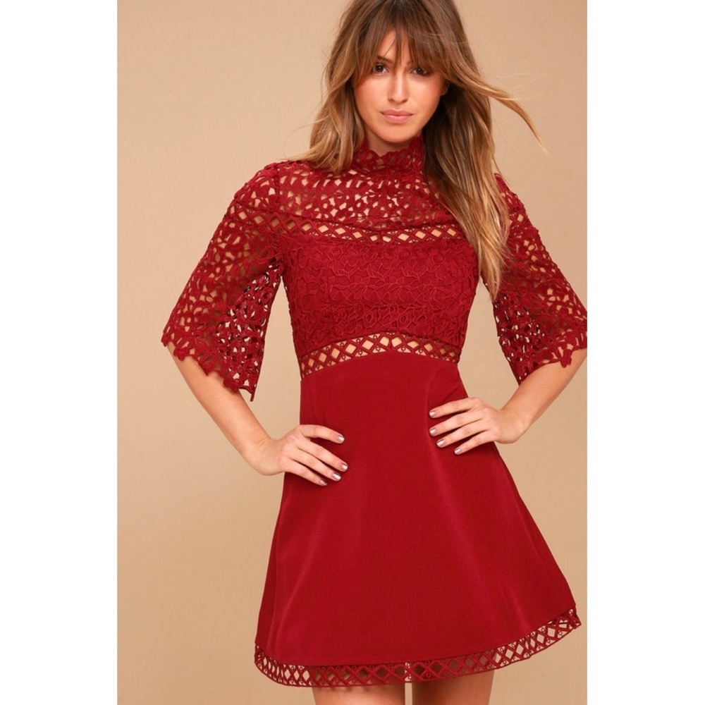 Burgundy lace minidress.